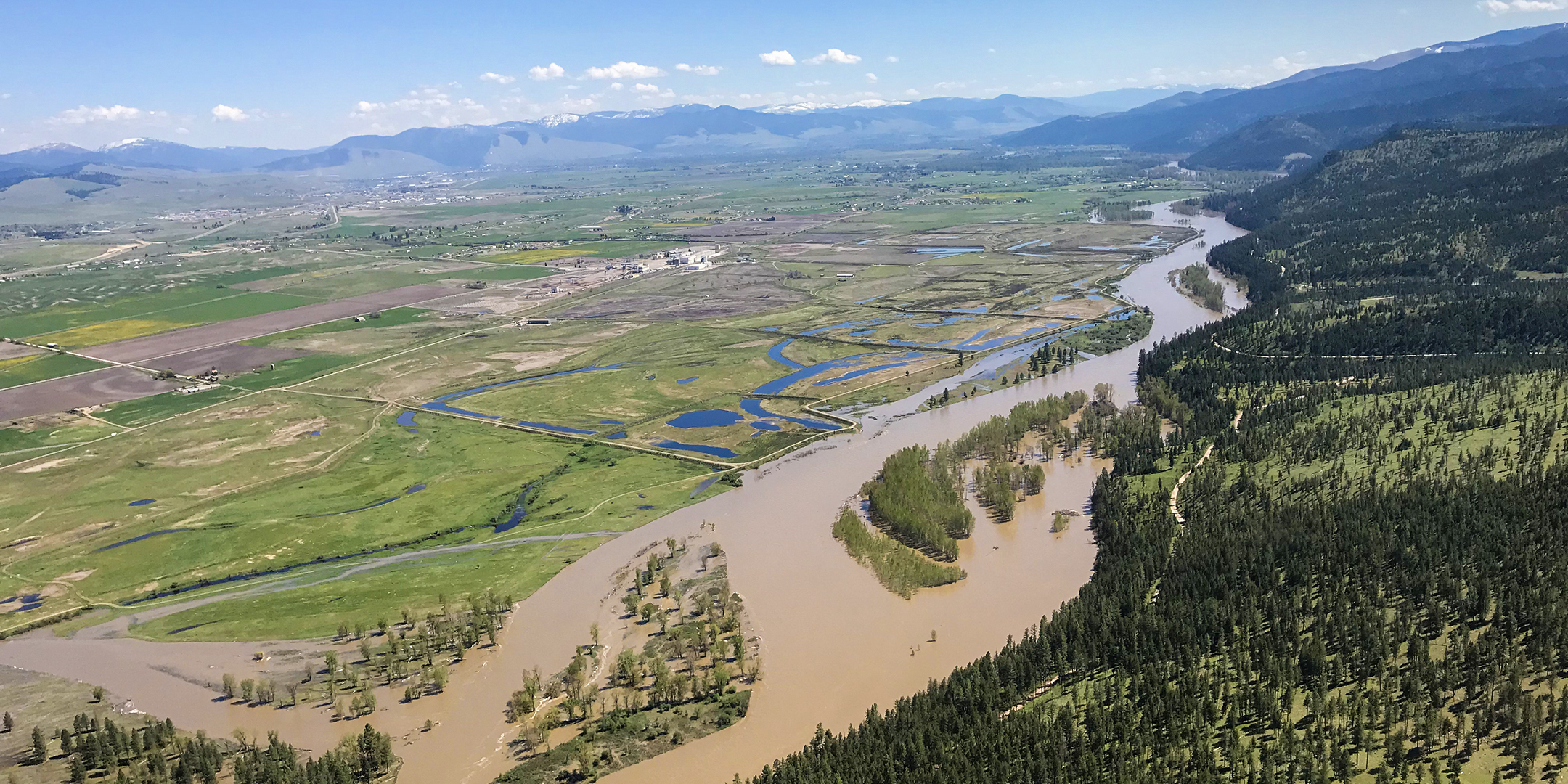 Aerial view of the Smurfit-Stone site, with the Clark Fork River at flood stage.
